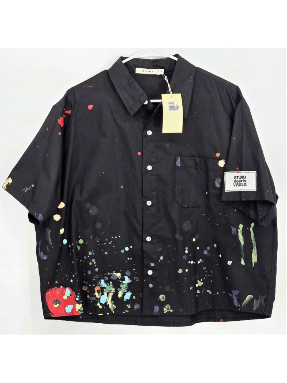 MNML Painter Camp Shirt Mens Large Black Paint Splatter Cropped Button Up NWT - Picture 11 of 12